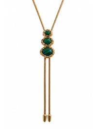 Close-up of the three stacked malachite stones and lab diamonds on the BOLOLA NYC Merriam Bolo.