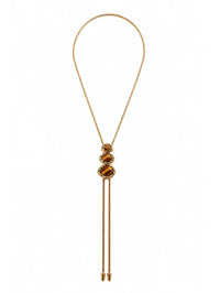 Full view of the BOLOLA NYC Merriam Bolo with three tigers eye stones on a gold snake chain.