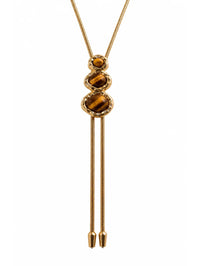 Close-up of the three stacked tigers eye stones and lab diamonds on the BOLOLA NYC Merriam Bolo.