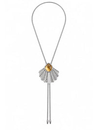 Full view of the BOLOLA NYC Palmette Bolo with a citrine stone and silver fan on a snake chain.