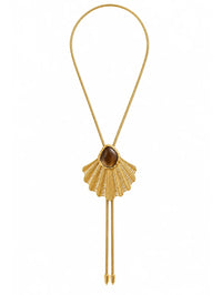 Full view of the BOLOLA NYC Palmette Bolo with a smokey topaz stone and gold fan on a snake chain.