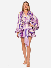 Wisteria Bedouin Ruffled Satin Mini Dress by BRONX AND BANCO-PURPLE MULTI WIST-AMY Atelier