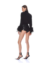 Back view of the Bronx and Banco Button Down Blouse with Feather Cuffs in black.