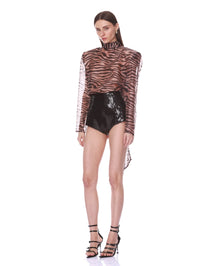 Angled view of the Bronx and Banco Zebra Chiffon High Neck Blouse showing sheer long sleeves.