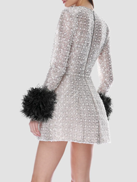 Back view of the silver Long Sleeve Embellished Mini Dress with black feather cuffs by BRONX AND BANCO