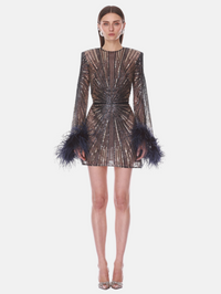 Long Sleeve Embellished Mini Dress with Feather Sleeves in Navy Multi