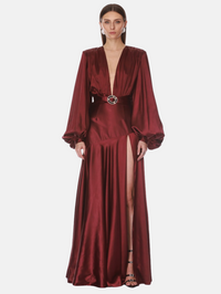 Long Sleeve V-Neck Maxi Dress in Burgundy