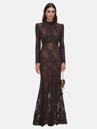 Brown Sequin Lace Maxi Dress In Brown