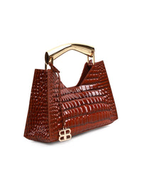 Three-quarter side view of the Bronx and Banco Poline mini bag in Red showing its glossy croc texture.