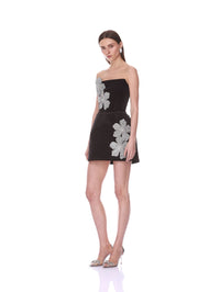 Side angle of the Bronx and Banco black velvet mini dress showing the crystal florals on the A-line skirt.
