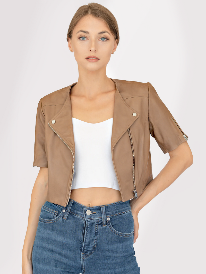 Kirsi Cropped Leather Jacket in Camel