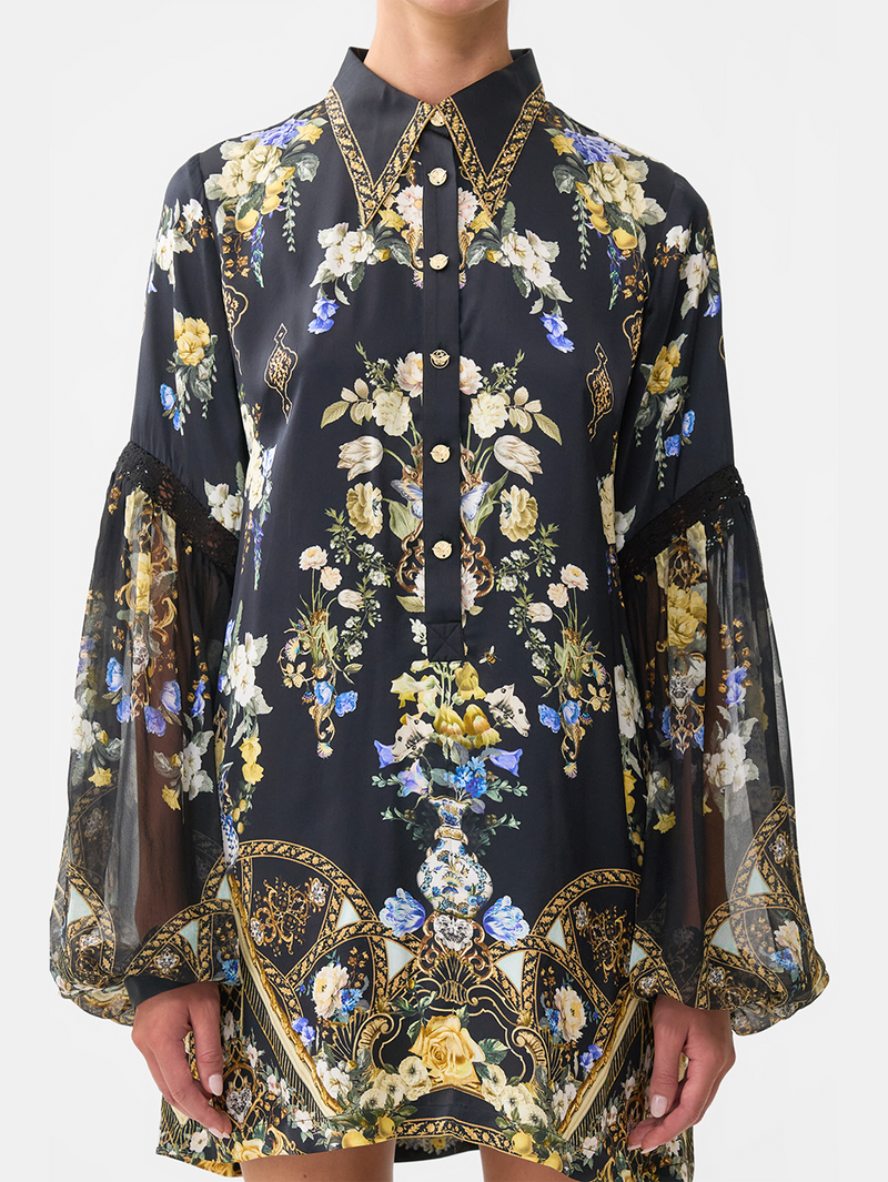 Ottoman Elegance Shirt Dress With Blouson Sleeves