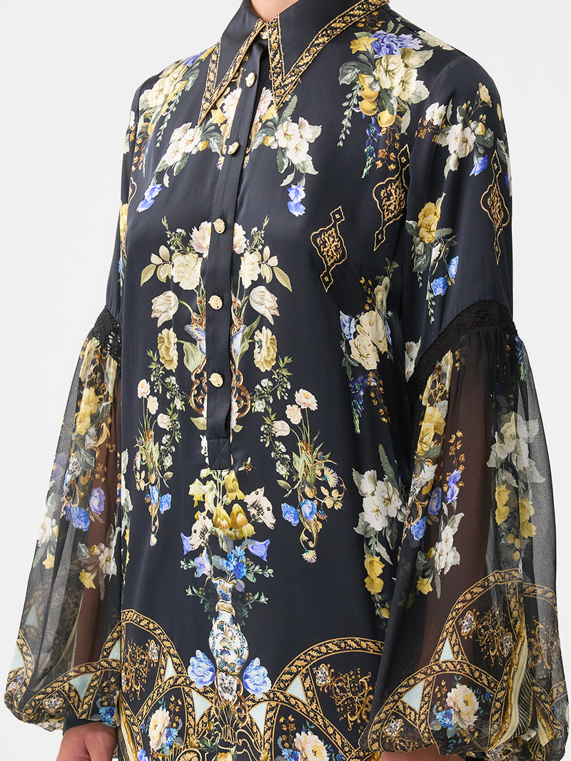 Ottoman Elegance Shirt Dress With Blouson Sleeves