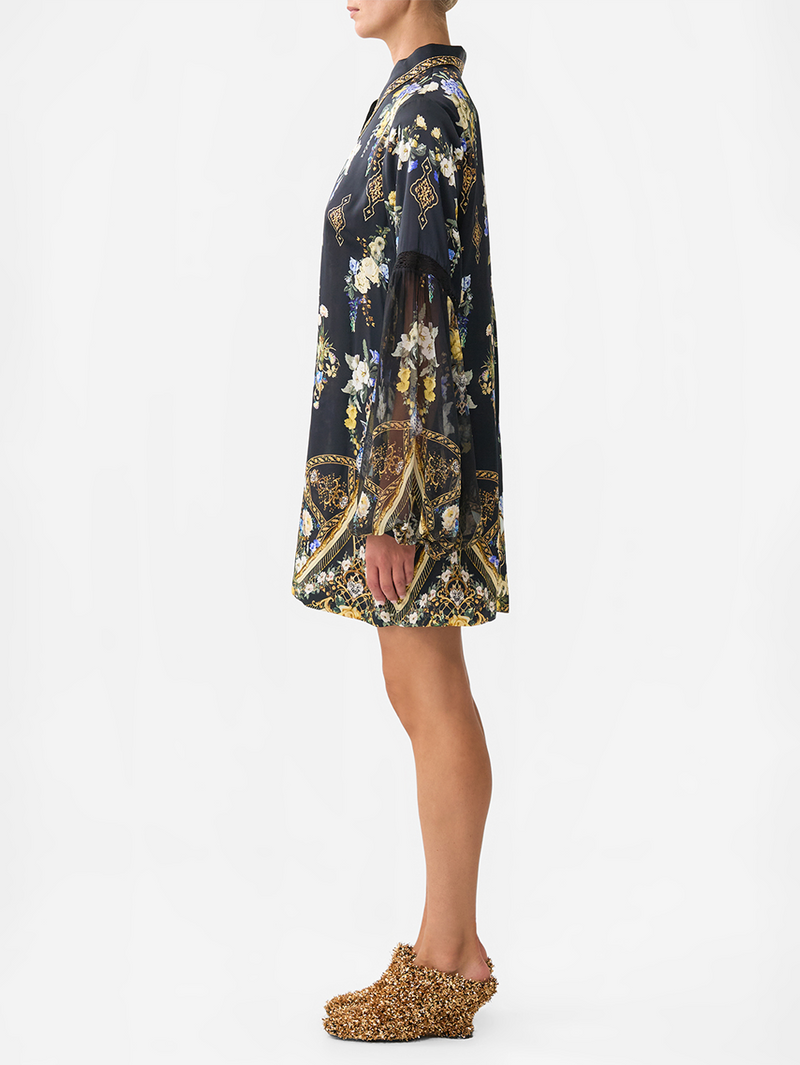 Ottoman Elegance Shirt Dress With Blouson Sleeves