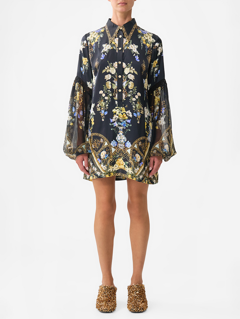 Ottoman Elegance Shirt Dress With Blouson Sleeves
