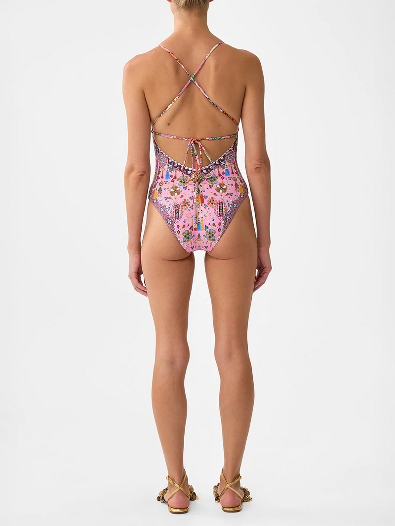 Patchwork Panorama Embroidered Tie Back One Piece