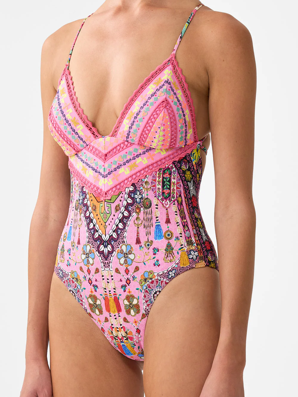 Patchwork Panorama Embroidered Tie Back One Piece