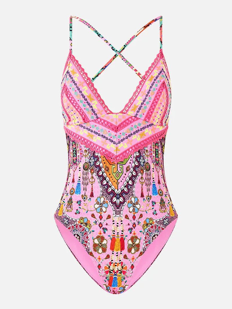 Patchwork Panorama Embroidered Tie Back One Piece