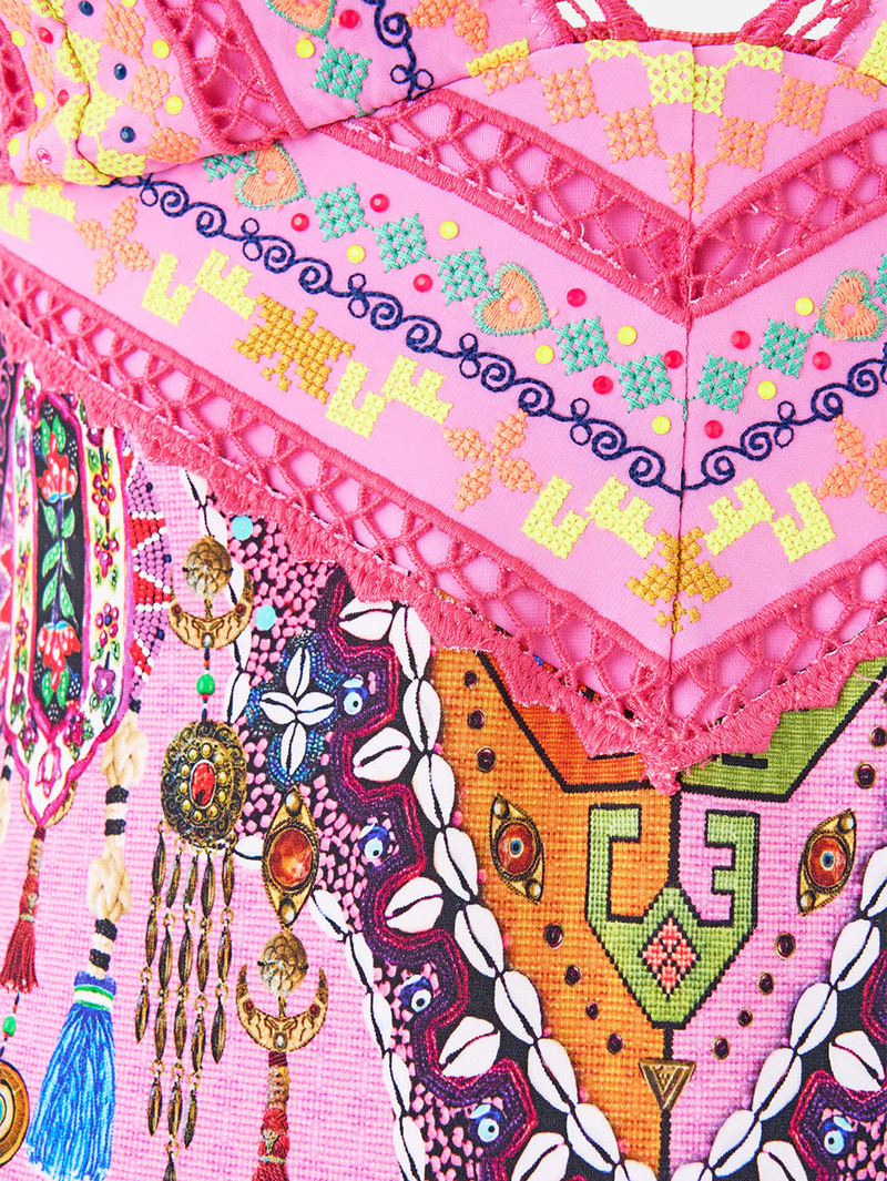 Patchwork Panorama Embroidered Tie Back One Piece