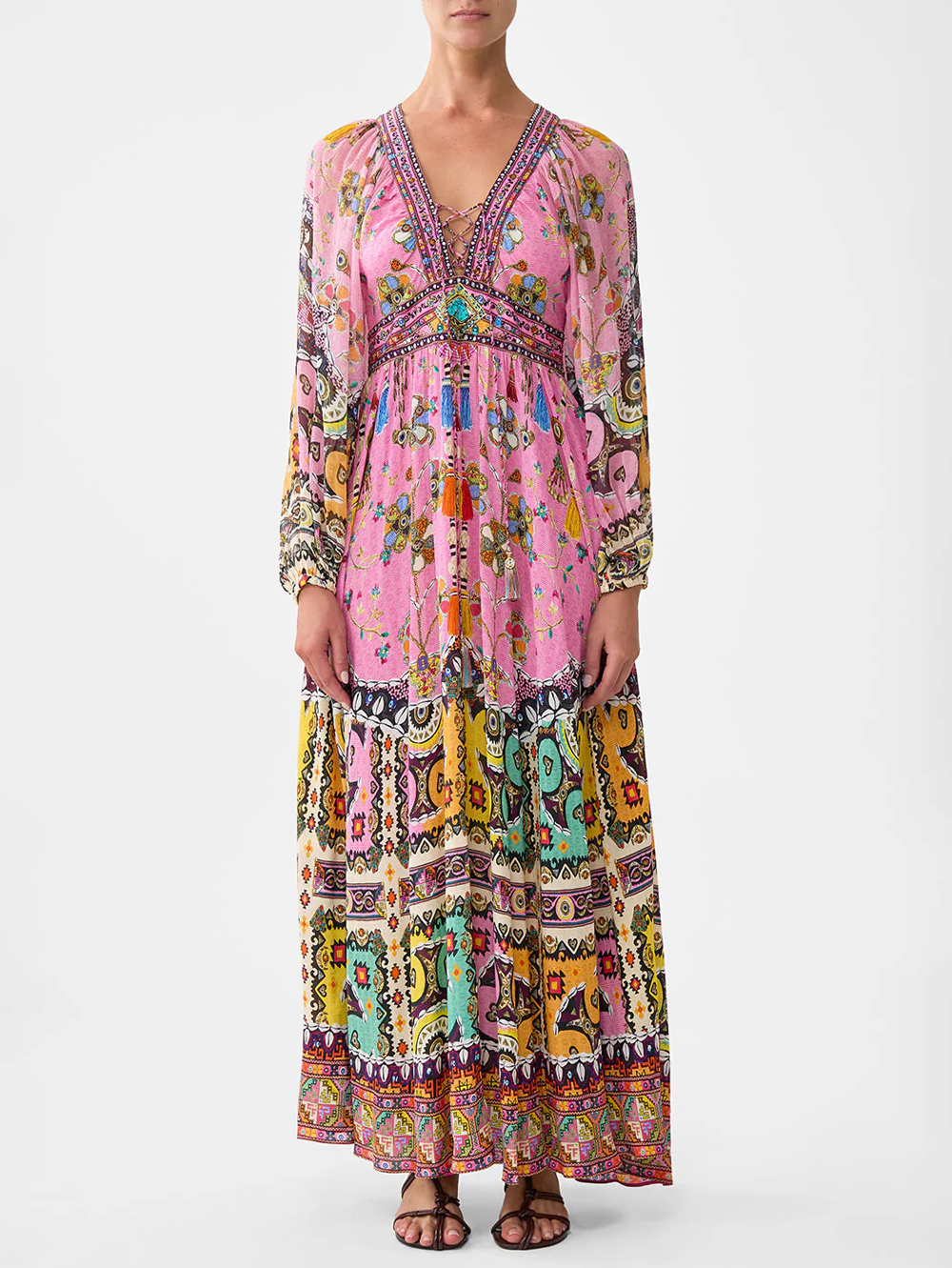 Patchwork Panorama Lace Up Front Long Dress