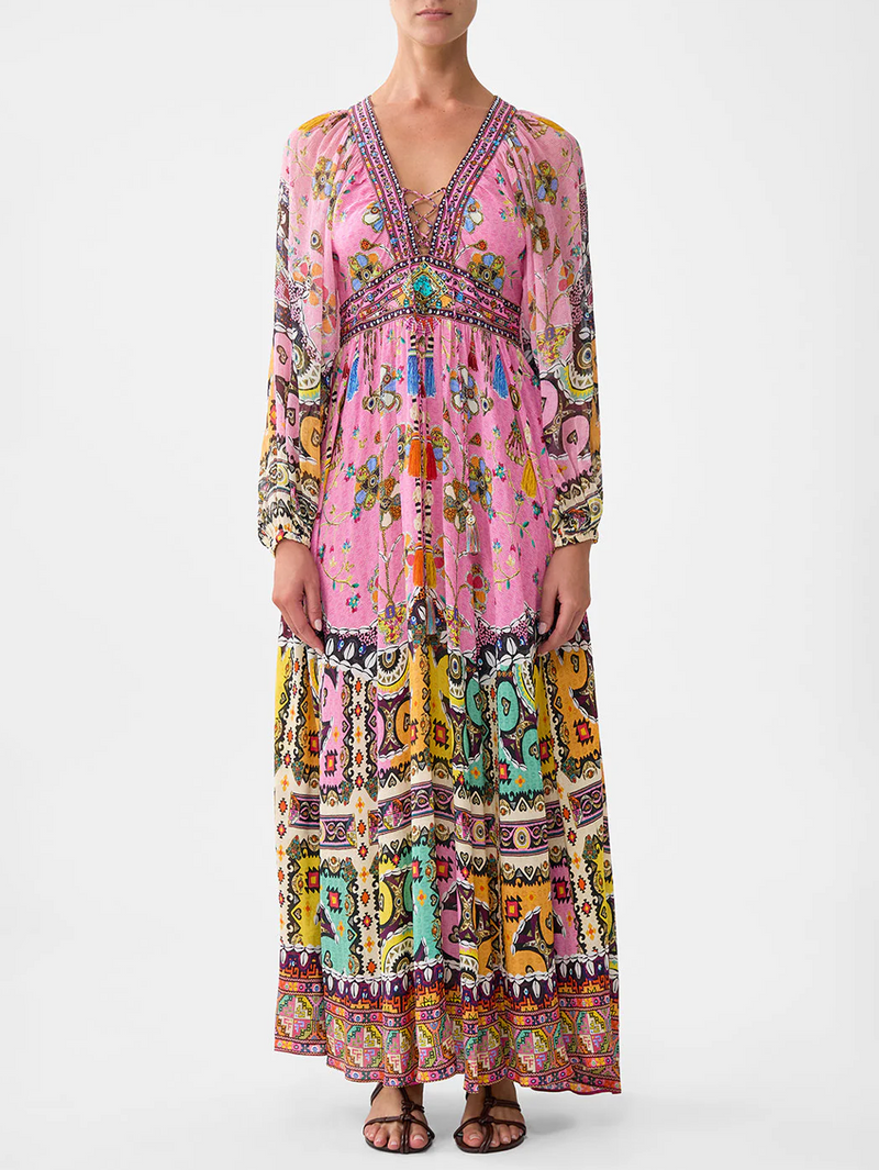 Patchwork Panorama Lace Up Front Long Dress