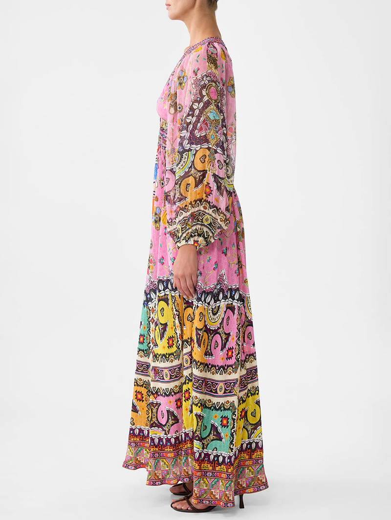 Patchwork Panorama Lace Up Front Long Dress