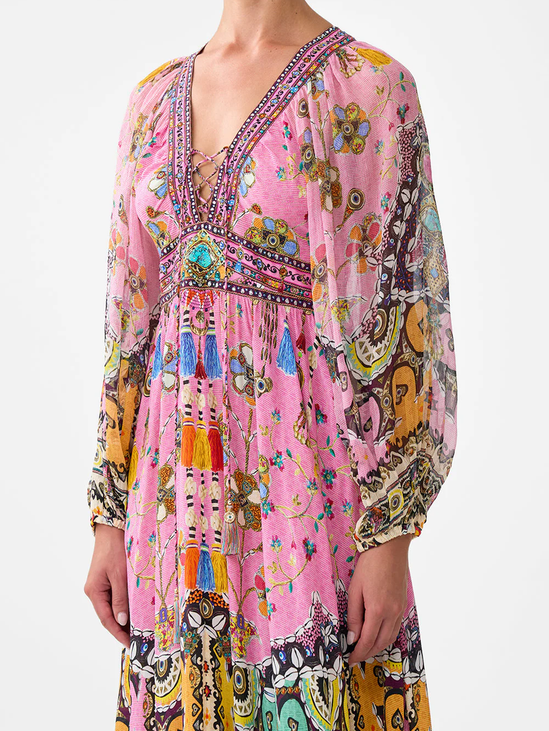 Patchwork Panorama Lace Up Front Long Dress