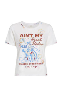 Front view of the First Rodeo Tee in White Multi by Cinq à Sept with vintage cowboy graphic