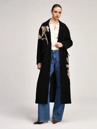 Open front view of the Cinq à Sept Gilded Peony Lilienne Coat in Black/gold, longline and relaxed