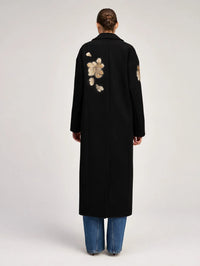 Back view of the Cinq à Sept Gilded Peony Lilienne Coat in Black/gold with gold peony embroidery