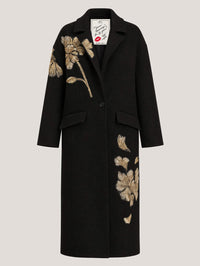 Flat front view of the Cinq à Sept Gilded Peony Lilienne Coat in Black/gold with flap pockets and one button