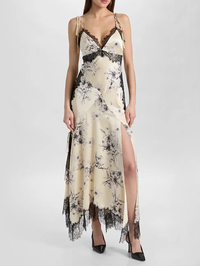 Front view of the Handsketched Floral Jett Dress in Gardenia and black by Cinq à Sept with lace trim