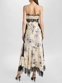 Back view of the Handsketched Floral Jett Dress in Gardenia/Black by Cinq à Sept with lace trim