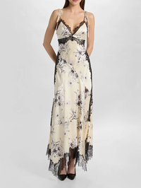 Front view of the Handsketched Floral Jett Dress in Gardenia and black by Cinq à Sept with lace trim