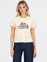 Front view of the Heatset Mon Amour Shrunken Tee in Gardenia with brown vintage-style graphic by Cinq à Sept