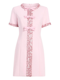 Front view of the Maelle Dress in Soft Peony by Cinq à Sept with crystal embellishments and bow details