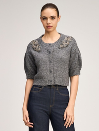 Front view of the Millicent Cardigan in Heather Grey by Cinq à Sept with embellished collar detail