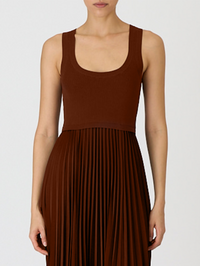 Front view of the Parma Dress in espresso by Cinq à Sept with pleated skirt detail