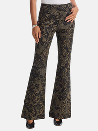 Front view of the Printed Patchwork Lace Charlie Jeans in Biscotti/Black by Cinq à Sept with flared silhouette
