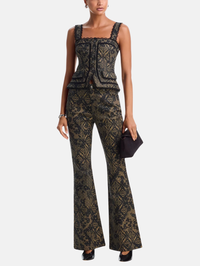 Full-length view of the Printed Patchwork Lace Charlie Jeans in Biscotti/Black by Cinq à Sept with flared hem