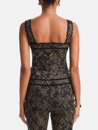 Back view of the Printed Patchwork Lace Myra Top in Biscotti/Black by Cinq à Sept