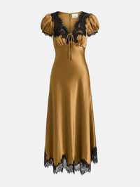 Front view of the Sienne Dress in Honey Bronze with black lace trim by Cinq à Sept