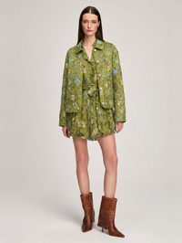 Front view of the Windswept Floral Estelle Dress in Iguana Multi by CINQ À SEPT, styled with a matching jacket