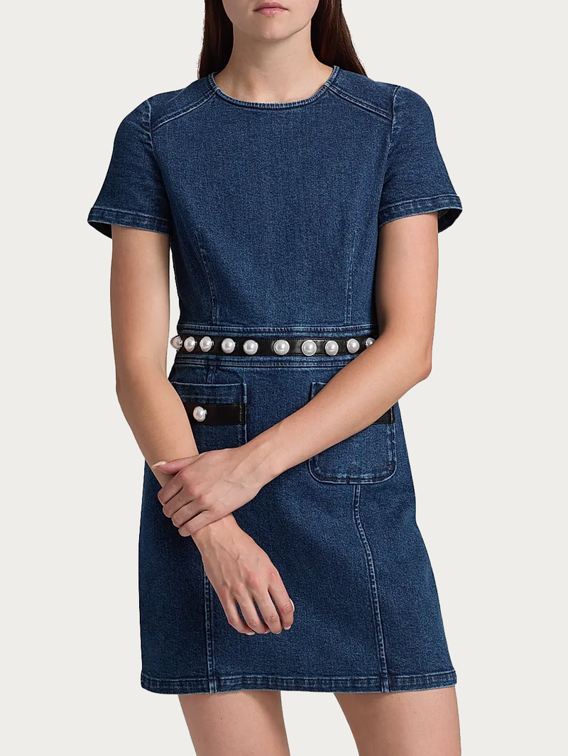 Giana Denim Pearl-Embellished Minidress