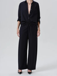Front view of the Citizens of Humanity Brynn Drawstring Trouser in Navy wool with a matching shirt.