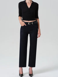Front view of the Citizens of Humanity Palma Straight Jean in Inky Rinse with a cropped black knit polo.