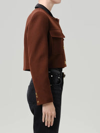 Side view of the Citizens of Humanity Sophia Jacket in Brandy with gold cuff buttons.