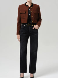 Full length view of the Citizens of Humanity Sophia Jacket in Brandy styled with black jeans.