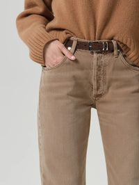 Close up of the waistband, belt loops and front pocket on the Citizens of Humanity Winslow Cropped 27 Jean in Tan.