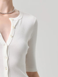 Close up of the button placket and rib knit on the Citizens of Humanity Wren Cardigan in Pashmina.